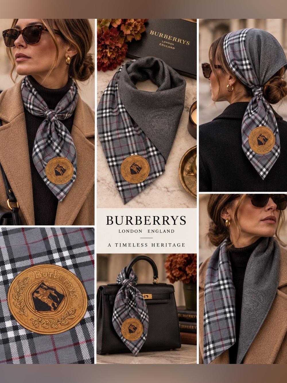 Vintage Burberrys Gray Plaid Silk Scarf with Tan Crest